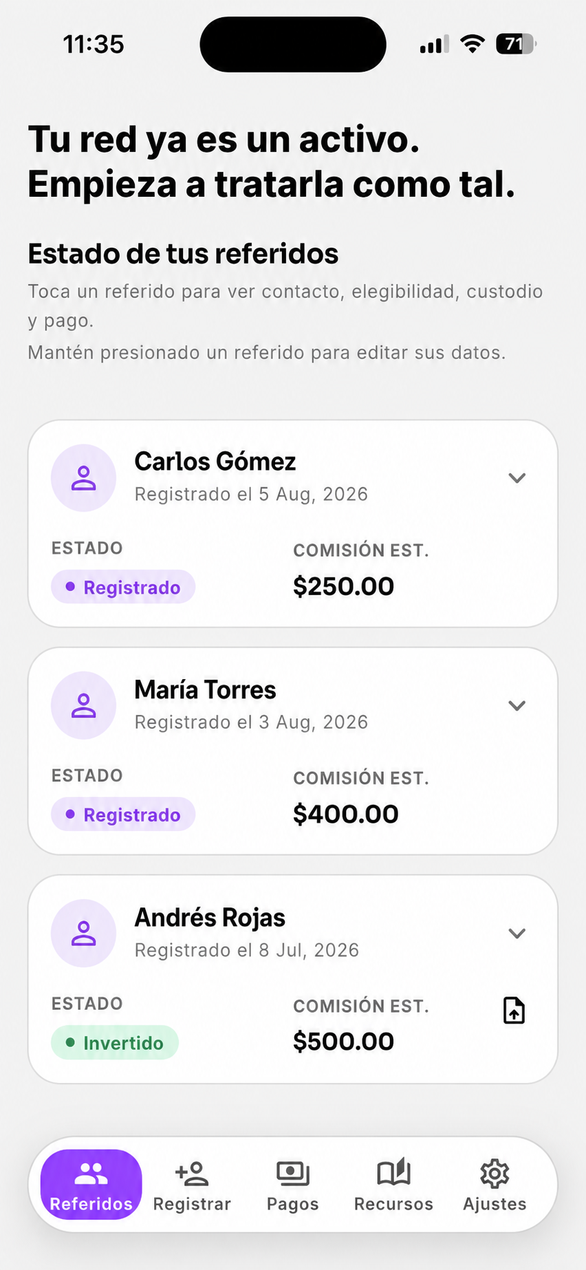 Estado de tus referidos en la app de Newroad
