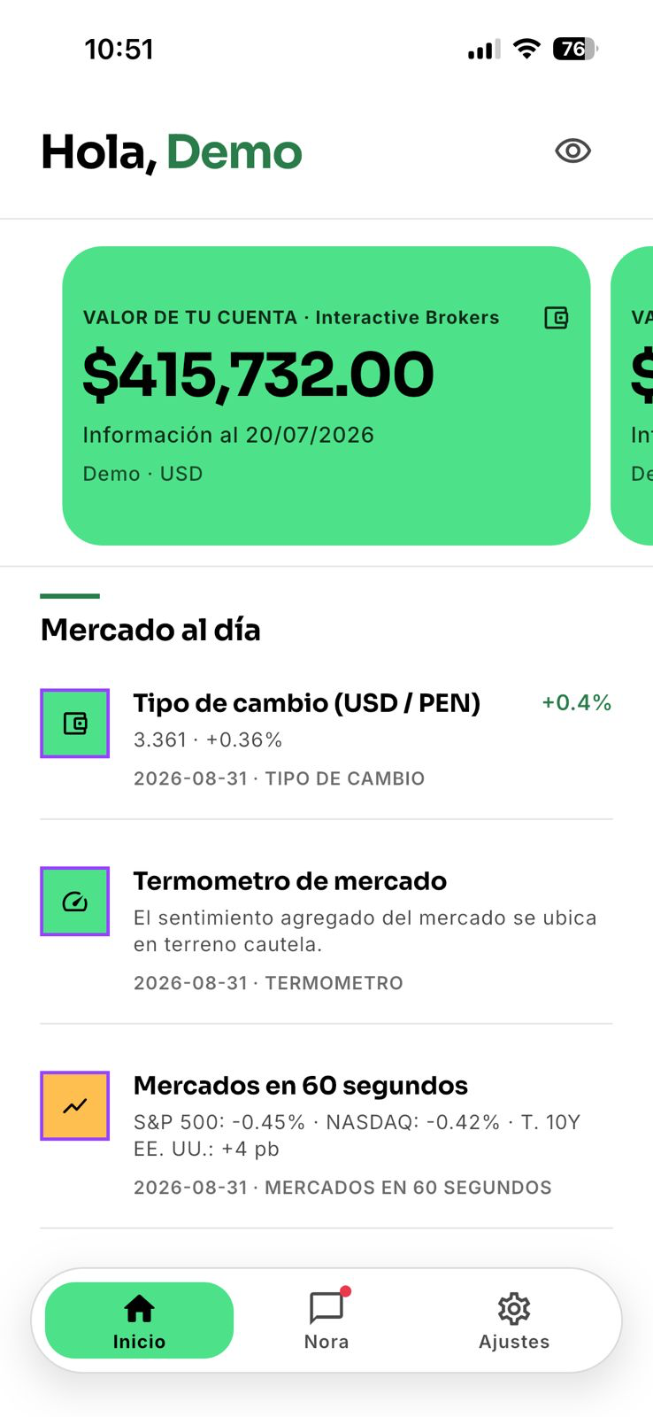 Inicio de la app de Newroad con el valor de cuenta